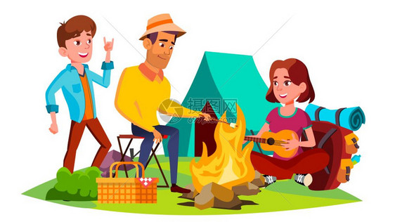 青少年坐在营火周围矢量插图图片