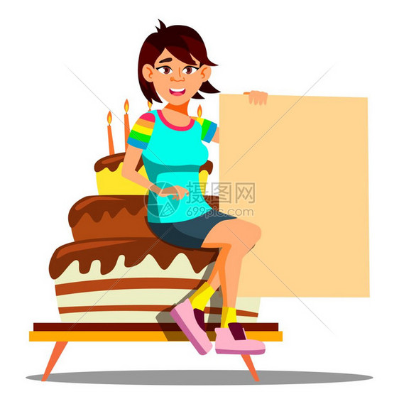 美丽的女孩坐在一个盛大的派对蛋糕上图片