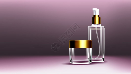 3个透明现实的模拟样板插图化妆玻璃广告瓶罐面部洗涤化妆3个孤立透明现实的模拟样板插图图片