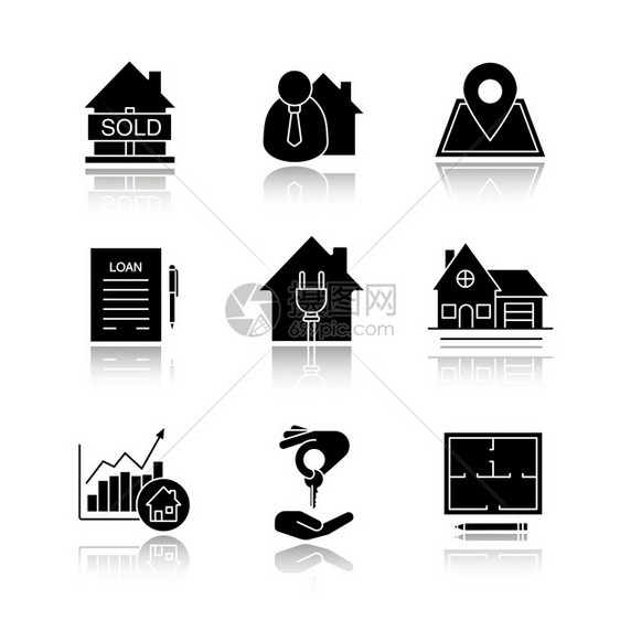 出售房屋经纪人贷款协议小屋楼层计划售房图表孤立的矢量图房地产市场阴影黑格字图标套装阴影黑格字图标套装图片