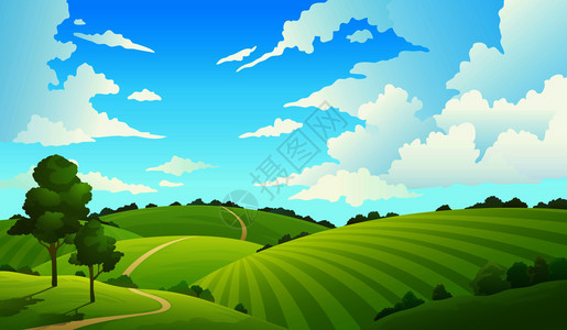 夏季田地景观自然山蓝色天空阳光插画图片