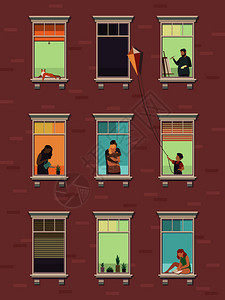 公寓大楼窗户中的人插画图片