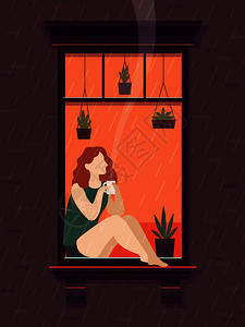 窗口女孩与咖啡在一起窗口人享受喝咖啡茶杯的孤独时间卡通插图窗口人享受喝咖啡茶杯的孤独时间卡通矢量插图图片