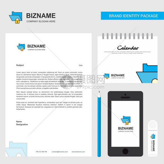 锁定的商务信头文件夹日历2019和移动应用程序设计矢量模板图片