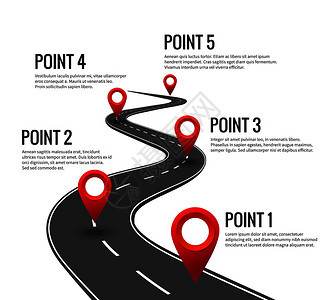 带有红针检查站的弯曲公路时间表带有里程碑矢量概念的战略公路高速带有里程碑矢量概念的战略公路道信息图带有里程碑概念的战略公路图片