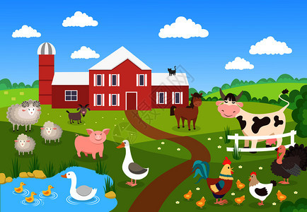 农场动物马猪鸭鸡羊矢量插画图片