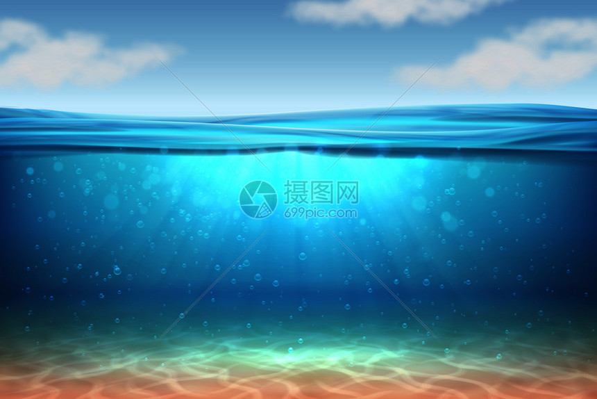 海洋深水下太阳光照3d矢量图图片