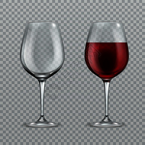 现实的葡萄酒杯空和有红葡萄酒杯的在透明背景上孤立的玻璃容器矢量图孤立的玻璃容器矢量图图片