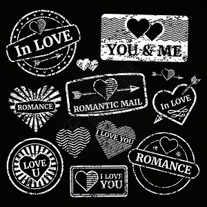 在黑板上收集浪漫的后衣在黑板上收集邮票矢量图示平板浪漫的后衣邮票集图片
