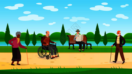貴州小車河溼地公園老人年户外公园活动插画