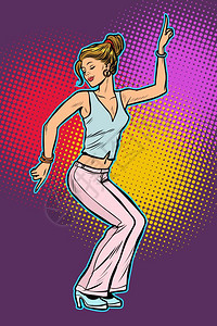 穿粉色裤子的女孩跳迪斯科舞的女流行艺术回放矢量说明背景图片