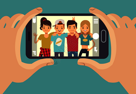 女性用年轻朋友用智能手机拍照插画