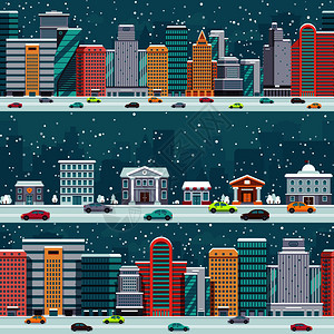 冬季城市风景汽车和建筑物圣诞节矢量图图片