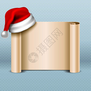 带有santclus红色帽子的空白纸卷xmas假日纸牌矢量模板ant帽子插图的圣诞节信息红色帽子的空白纸卷假日纸牌矢量模板图片