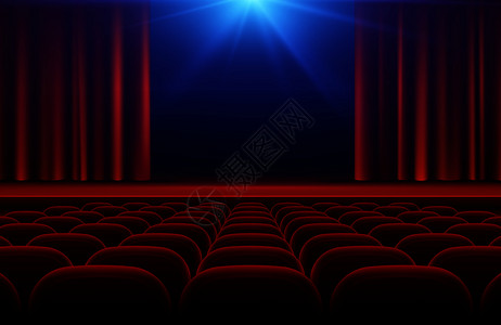 电影院或剧厅配有舞台红色幕帘和座位矢量图电影院和舞台幕图片