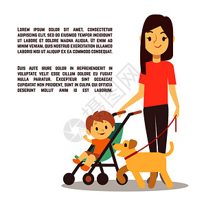 带婴儿车童和狗的年轻母亲海报设计病媒说明图片