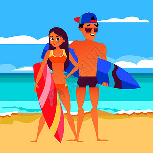 暑假海滩上拿着冲浪板的男孩和女孩图片