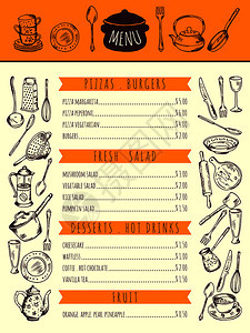 午餐厅食品菜单手工绘制厨房具的照片矢量图设计配有厨房工具的菜单餐厅早和午手工绘制厨房具的照片图片
