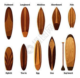 不同尺寸和设计的木材冲浪板矢量元素图片