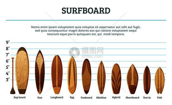 不同尺寸和设计的木材冲浪板矢量元素图片