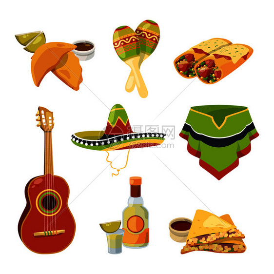 传统墨西哥烹饪食品和其他不同的民族元素卡通风格的病媒图解食品墨西哥烹饪和龙舌兰玉米卷饼图片