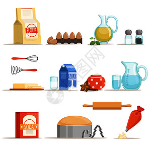 烘烤和烹饪食材与工具卡通矢量插画图片