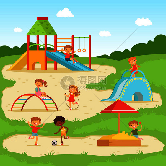 夏季公园玩耍的儿童矢量图图片