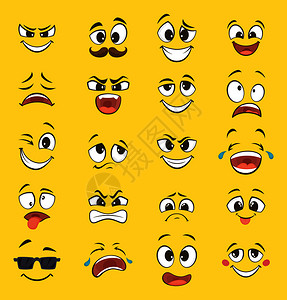 黄色背景的矢量表情笑的面孔情感插图笑的漫画情绪的脸漫画情绪黄色背景的矢量表情图片