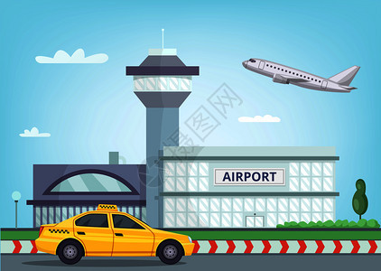城市背景机场建筑空中飞机和出租车图图片