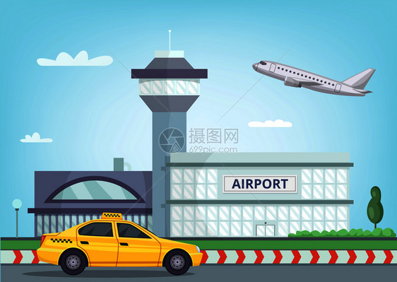 城市背景机场建筑空中飞机和出租车图图片