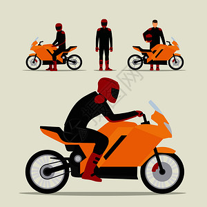 摩托车手与摩托车在不同的姿势平面矢量图骑摩托车的人骑摩托车的背景图片