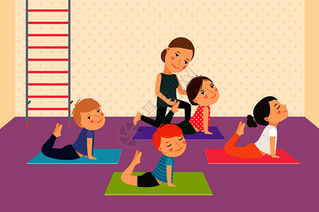 瑜伽体式儿童瑜伽与教员体育课儿童矢量说明瑜伽与教员插画