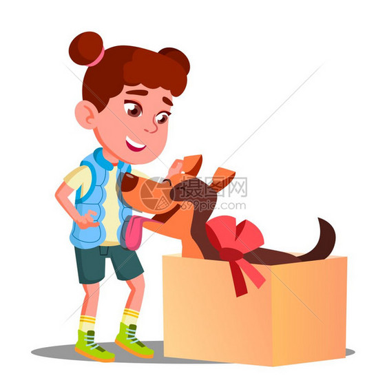 卡通小女孩从礼物盒中取出一只狗矢量插图图片