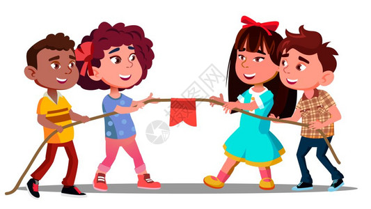 韩国房东多族裔男孩和女在团队游戏矢量中拉绳子插图多族裔男孩和女在