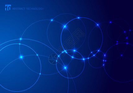 蓝色背景技术风格上重叠的抽象圆和点未来概念节点分子结构科学和连接带有文本复制空间的横幅网络矢量说明图片