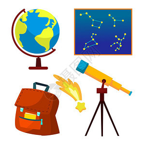 地球仪星系天文望远镜和书包背景图片