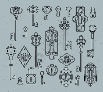中世纪老式钥匙卡通手绘矢量插图图片