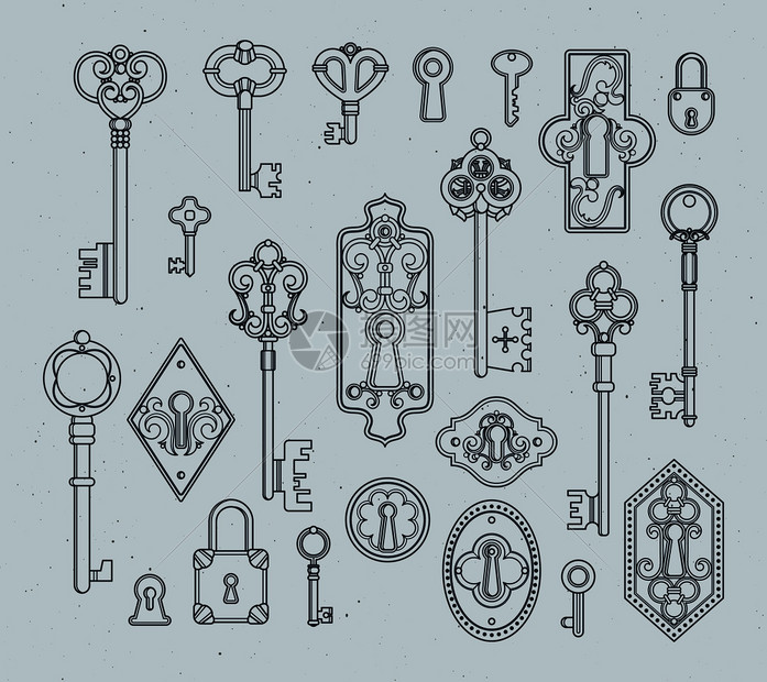 中世纪老式钥匙卡通手绘矢量插图