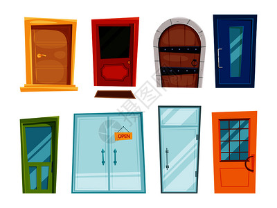医院门不同类型封闭的门卡通风格中的矢量插图家门关闭前不同类型封闭