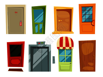 装饰式的门和卡通风格不同旧门矢量图一套供家用门的矢量图出入口的插