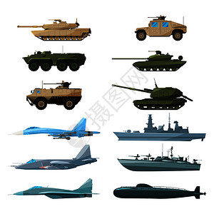 战斗飞机军用战舰和武装车辆飞机船只示意图插画