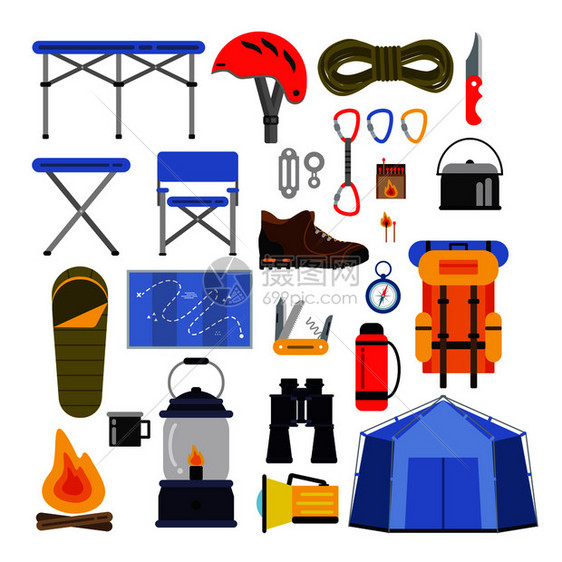 露营或旅行矢量说明成套设备旅行和户外冒险帐篷和背包手电筒望远镜设备徒步和登山设备图片