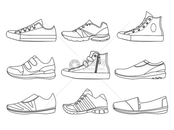 直线式青少年鞋插图靴子和运动鞋矢量图短靴和运动鞋矢量图短直线式青少年插图短矢量靴子和运动鞋矢量图图片