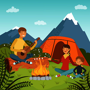夏季父母与儿子一起大山附近的林木上露营旅游图片