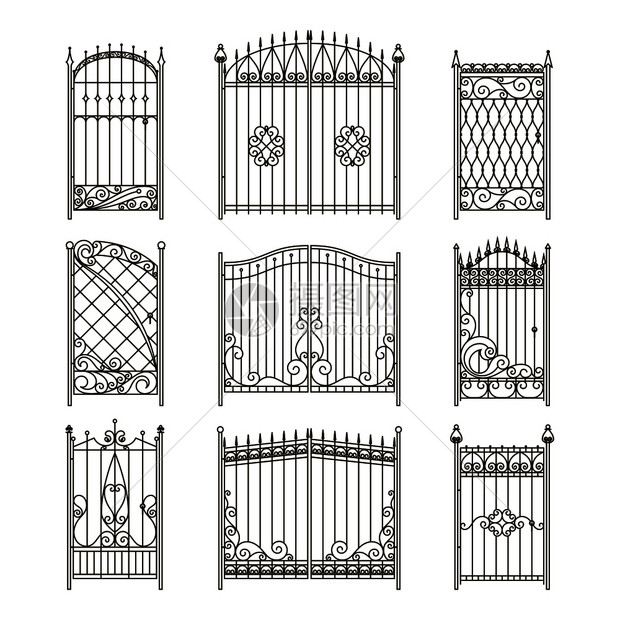 插画 其他 优雅 铁门或的矢量图带有电动边界和其他装饰元素钢老式