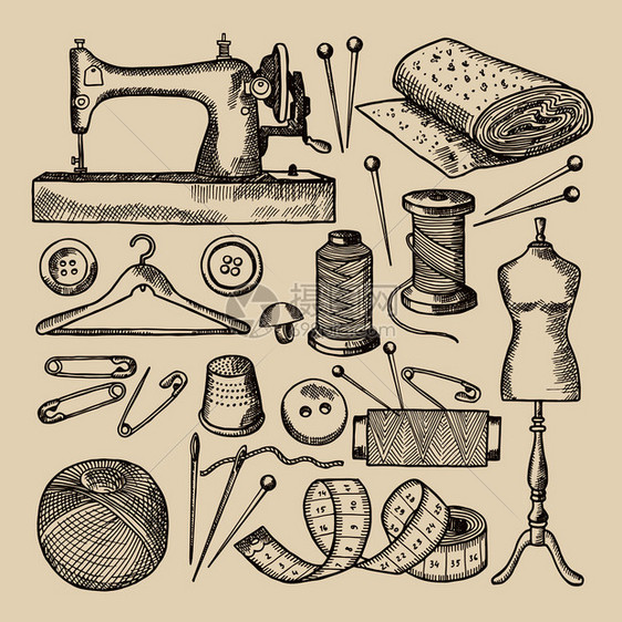手工绘制的矢量图象手工艺针头和插图缝纫古代符号套装手工绘制的矢量图象图片