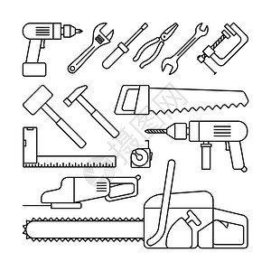 白色背景上的薄线黑图标螺丝起子钻锯和锤等工具矢量图解工具薄线图标图片