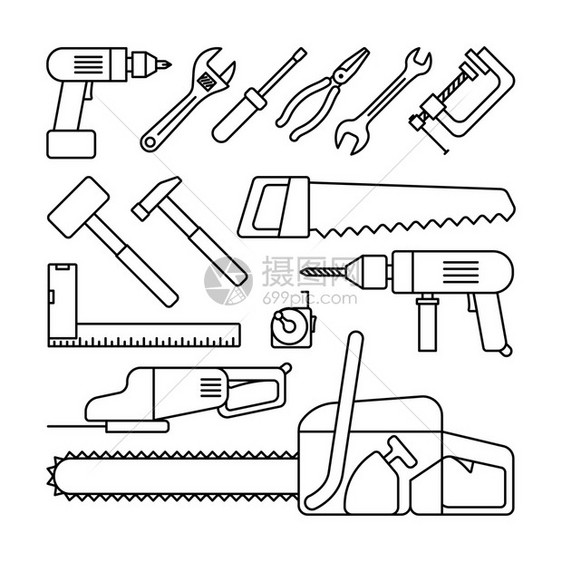 白色背景上的薄线黑图标螺丝起子钻锯和锤等工具矢量图解工具薄线图标图片