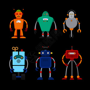 复古机器人组为平板风格古老的可爱机器人玩具矢量复古机器人组图片