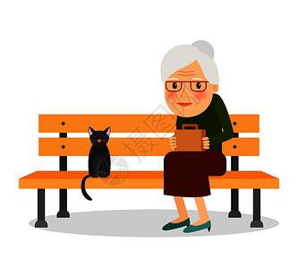 老年妇女和猫坐在公园长椅上休息和户外安静时间病媒说明老年妇女和猫坐在公园长凳上老年妇女和猫坐在公园长凳上图片
